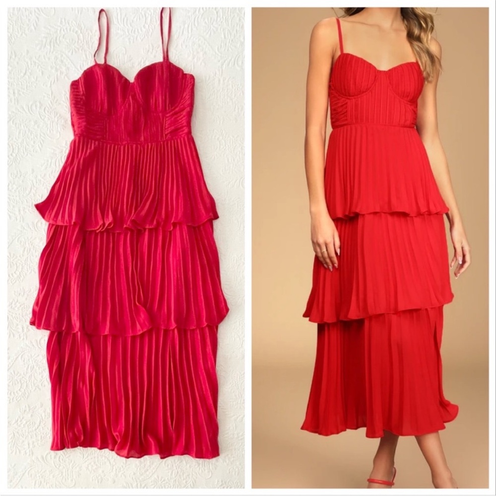 Lulus Cascading Crush Red Tiered Bustier Midi Dress Small